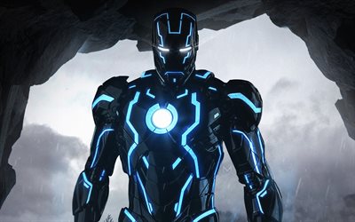 4k, Iron Man, creative art, blue neon light, main characters, superhero