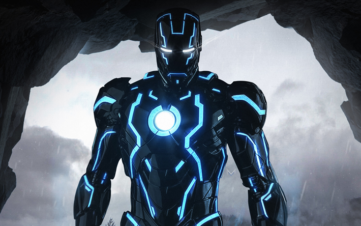 4k, Homem De Ferro, arte criativa, azul da luz de n&#233;on, personagens principais, super-her&#243;i