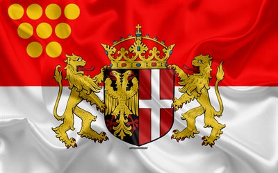 Flag of Neuss, 4k, silk texture, red white silk flag, coat of arms, German city, Neuss, North Rhine-Westphalia, Germany, symbols
