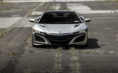 Acura NSX, 2018, silver sports coupe, front view, new silver NSX, Japanese sports cars, Acura