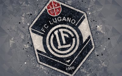 4k, Lugano FC, Switzerland Super League, creative logo, geometric art, emblem, Switzerland, football, Lugano, gray abstract background, FC Lugano