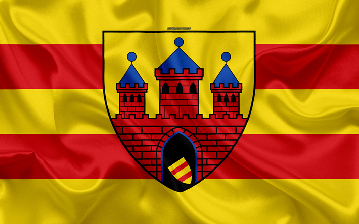 Flag of Oldenburg, 4k, silk texture, red yellow silk flag, coat of arms, German city, Oldenburg, Lower Saxony, Germany, symbols