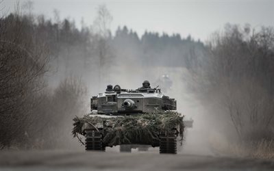 Leopard 2A4, German battle tank, camouflage, column of military equipment, tanks