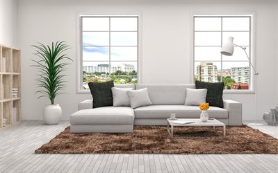 tyylik&#228;s sisustus olohuone, huoneistot, moderni sisustus, suuri harmaa sohva, harmaa puinen lattia, olohuone, hanke