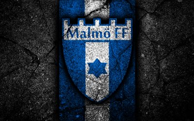 4k, Malmo FC, emblem, Allsvenskan, football, black stone, Sweden, Malmo, logo, asphalt texture, FC Malmo