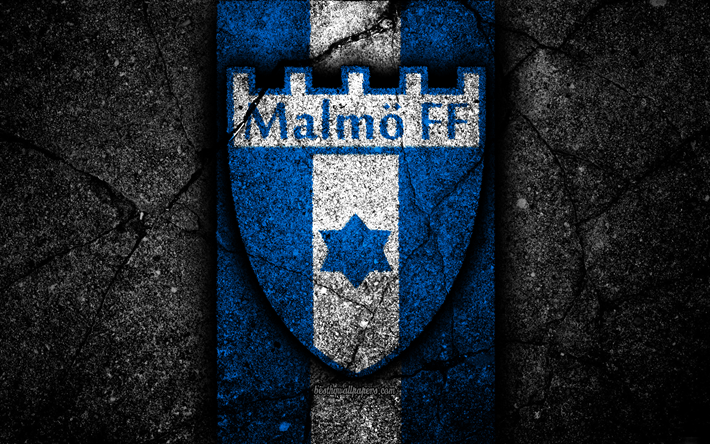 4k, Malmo FC, emblema, Allsvenskan, il calcio, la pietra nera, Svezia, Malmo, logo, asfalto texture, FC Malmo