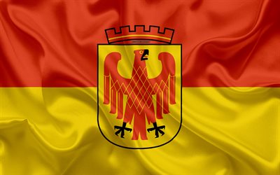 Flag of Potsdam, 4k, silk texture, red yellow silk flag, coat of arms, German city, Potsdam, Brandenburg, Germany, symbols