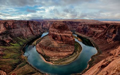 Horseshoe Bend, Arizona, Colorado Nehir, Kanyon, kahverengi kayalar, nehir, dağ manzarası, ABD