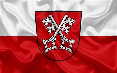 Flag of Regensburg, 4k, silk texture, red white silk flag, coat of arms, German city, Regensburg, Bavaria, Germany, symbols