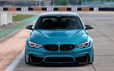 BMW M3 F80, 2018, vue de face, berline bleu, tuning m3, le nouveau bleu de M3, voitures allemandes, BMW