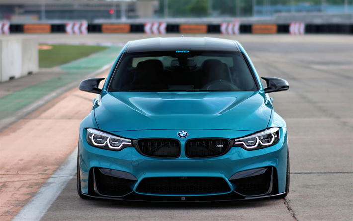 BMW M3 F80, 2018, &#246;nden g&#246;r&#252;n&#252;m, mavi sedan, m3 tuning, yeni mavi M3, Alman otomobil, BMW