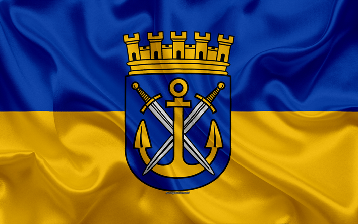 Flag of Solingen, 4k, silk texture, blue yellow silk flag, coat of arms, German city, Solingen, North Rhine-Westphalia, Germany, symbols