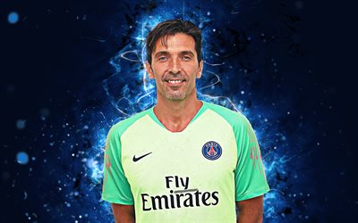 Gianluigi Buffon, 4k, abstract art, goalkeeper, PSG, football stars, Ligue 1, Paris Saint-Germain, Buffon, footballers, neon lights, soccer, FC PSG, creative
