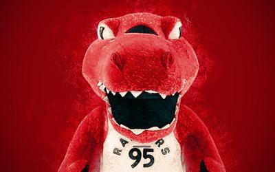 The Raptor, official mascot, Toronto Raptors, 4k, art, NBA, Canada, USA, grunge art, symbol, red background, paint art, National Basketball Association, NBA mascots, Toronto Raptors mascot, basketball
