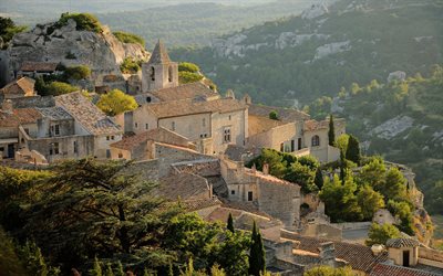 المدينة الجبلية, الصيف, غروب الشمس, مساء, المناظر الطبيعية الجبلية, Midi-Pyrenees ،, ليه هامو دي بو-de-Provence, فرنسا