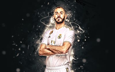 Karim Benzema, stagione 2019-2020, francese calciatori, in avanti, il Real Madrid FC, luci al neon, Benzema, il calcio, il Real Madrid CF, LaLiga, calcio, Galacticos, La Liga