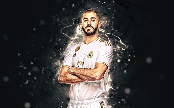 Karim Benzema, season 2019-2020, french footballers, forward, Real Madrid FC, neon lights, Benzema, soccer, Real Madrid CF, LaLiga, football, Galacticos, La Liga