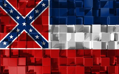 Flaggan i Mississippi, 3d-flagga, AMERIKANSKA staten, 3d kuber konsistens, Flags of American states, 3d-konst, Mississippi, USA, 3d-textur, Mississippi flagga