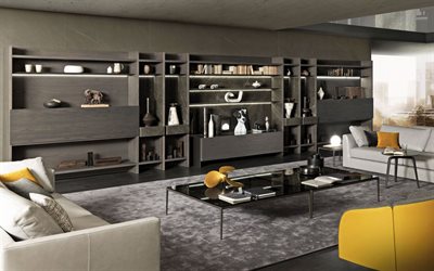 stylish apartments, modern interior design, living room, loft style, gray concrete ceiling, gray color in the interior