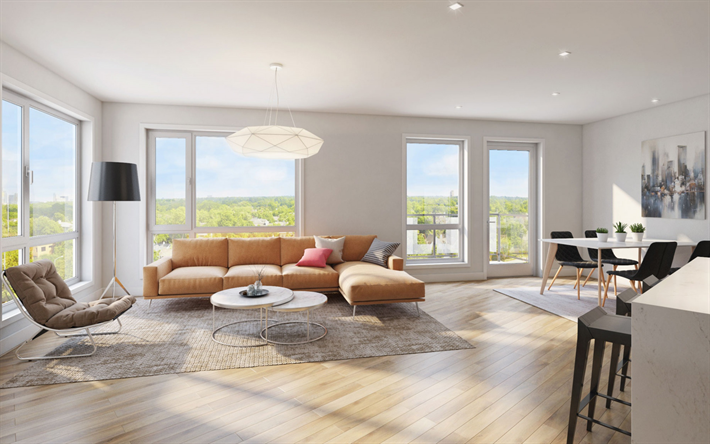 elegante design de interiores, sala de estar, apartamentos, minimalismo, luz de piso de madeira, design moderno para a sala de estar