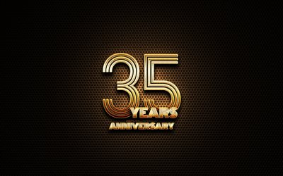 35th anniversary, glitter signs, anniversary concepts, grid metal background, 35 Years Anniversary, creative, Golden 35th anniversary sign