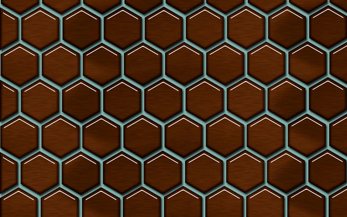 hexagons texture, creative, macro, honeycomb, brown hexagons background, hexagons textures, brown backgrounds, hexagons patterns