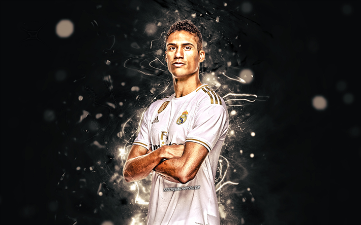 2019-2020 Raphael Varane, sezon, Fransız futbolcular, defans, Real Madrid FC, neon ışıkları, Varane, futbol, Real Madrid CF, LaLiga, Galacticos, La Liga&#39;nın