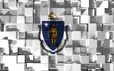 Flag of Massachusetts, 3d flag, US state, 3d cubes texture, Flags of American states, 3d art, Massachusetts, USA, 3d texture, Massachusetts flag