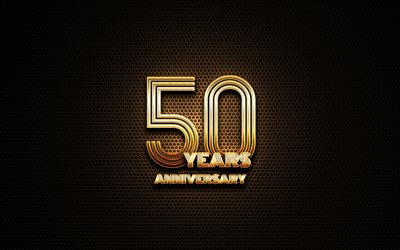 創立50周年記念, キラキラの看板, 周年記念の概念, グリッドの金属の背景, 50周年記念, 創造, ゴールデン創立50周年記念サイン
