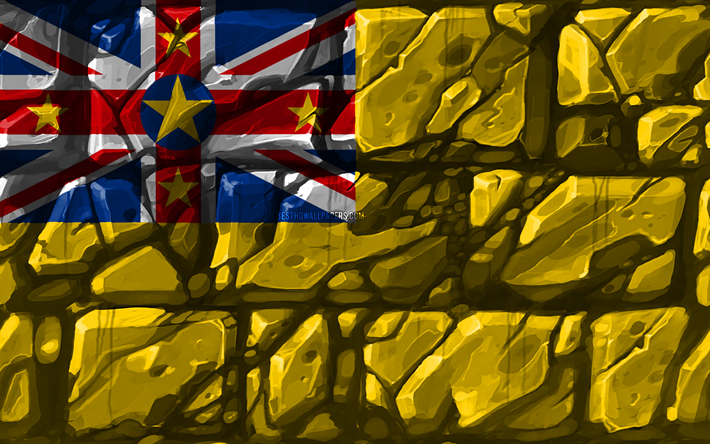 Niue lippu, brickwall, 4k, Oseanian maat, kansalliset symbolit, Lipun Niue, luova, Niue, Oseania, Niue 3D flag