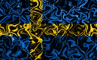 4k, Flag of Sweden, abstract smoke, Europe, national symbols, Swedish flag, 3D art, Sweden 3D flag, creative, European countries, Sweden