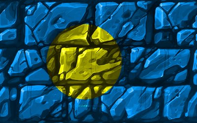 Palau flagga, brickwall, 4k, Oceanian l&#228;nder, nationella symboler, Flaggan i Palau, kreativa, Palace, Oceanien, Palau 3D-flagga