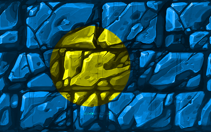 Palau bandeira, brickwall, 4k, Oceania pa&#237;ses, s&#237;mbolos nacionais, Bandeira de Palau, criativo, Pal&#225;cio, Oceania, Palau 3D bandeira