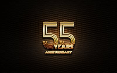 55th anniversary, glitter signs, anniversary concepts, grid metal background, 55 Years Anniversary, creative, Golden 55th anniversary sign