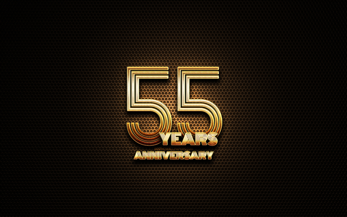 55 aniversario, el brillo de los signos, aniversario conceptos, rejilla de metal de fondo, de 55 A&#241;os de Aniversario, creativo, de Oro 55 aniversario de signo