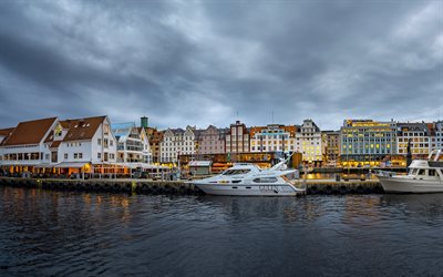 Bergen, evening, sunset, ships, yachts, Bergen cityscape, Norway