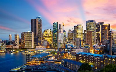 Sydney, tarde, puesta de sol, rascacielos, paisaje de la ciudad de Sydney, Australia, edificios modernos