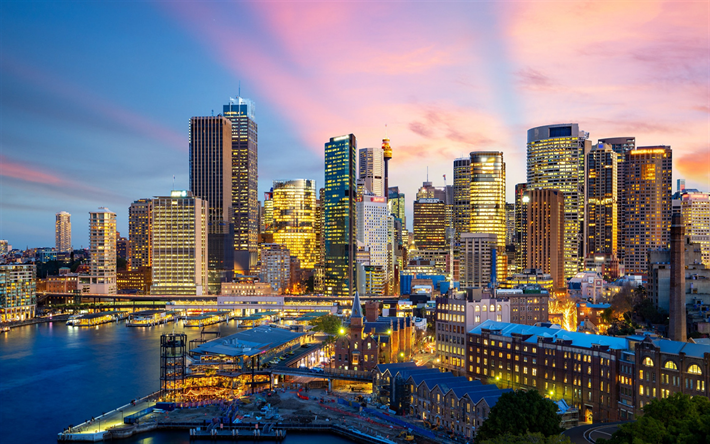 Sydney, akşam, G&#252;n batımı, g&#246;kdelenler, şehir, Avustralya, modern binalar