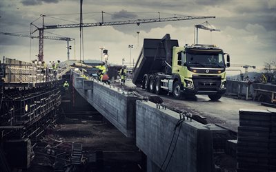 Volvo FMX, 2019, modern dump truck, new yellow FMX, construction concepts, bridge construction concepts, Swedish trucks, Volvo