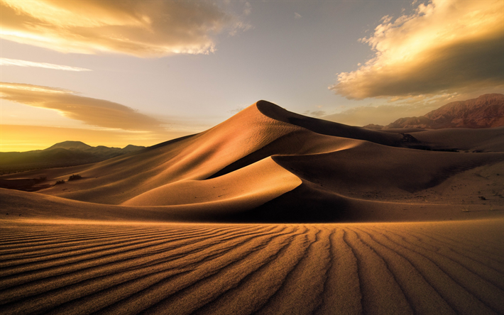 砂漠, 夜, 夕日, 砂丘, 砂, 山の風景