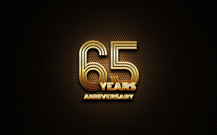 65周年記念, キラキラの看板, 周年記念の概念, グリッドの金属の背景, 65年記念, 創造, 黄金の65周年記念サイン