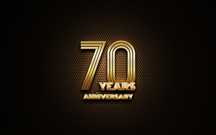 創立70周年記念, キラキラの看板, 周年記念の概念, グリッドの金属の背景, 70周年記念, 創造, 黄金の70周年記念サイン