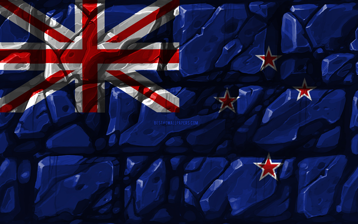 New Zealand flag, brickwall, 4k, Oceanian countries, national symbols, Flag of New Zealand, creative, New Zealand, Oceania, New Zealand 3D flag