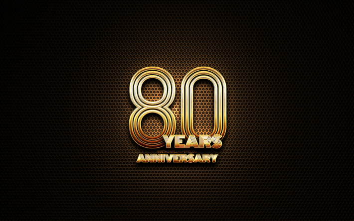80th anniversary, glitter signs, anniversary concepts, grid metal background, 80 Years Anniversary, creative, Golden 80th anniversary sign