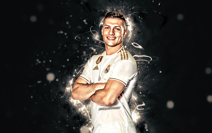 Luka Jovic, kaudella 2019-2020, serbialaiset jalkapalloilijat, eteenp&#228;in, Real Madrid FC, neon valot, Jovic, jalkapallo, Real Madrid CF, LaLiga, Galacticos, Liiga