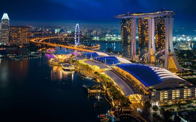 Singapore, y&#246;, pilvenpiirt&#228;ji&#228;, Marina Bay Sands, moderni arkkitehtuuri, Singaporen kaupunkikuva, Aasiassa
