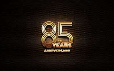 85th anniversary, glitter signs, anniversary concepts, grid metal background, 85 Years Anniversary, creative, Golden 85th anniversary sign
