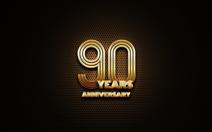 創立90周年記念, キラキラの看板, 周年記念の概念, グリッドの金属の背景, 90年記念, 創造, 黄金の90周年記念サイン