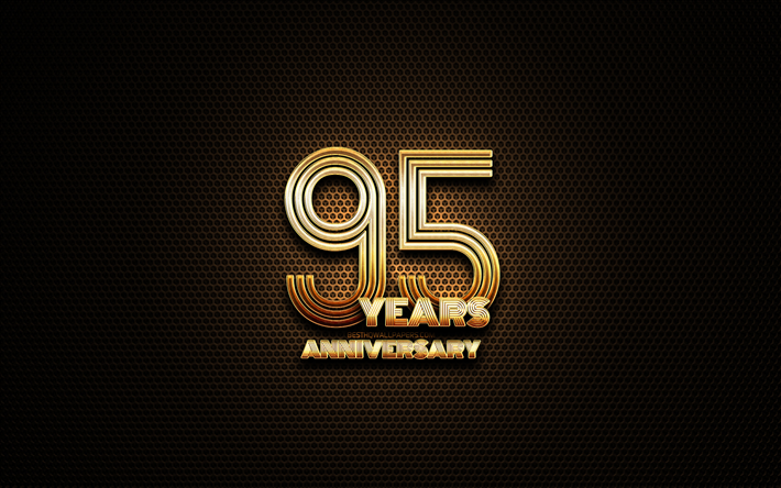 95&#186; aniversario, el brillo de los signos, aniversario conceptos, rejilla de metal de fondo, de 95 A&#241;os de Aniversario, creativo, de Oro 95&#186; aniversario signo