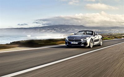 BMW Z4 Roadster, 2019, exterior, front view, silver convertible, new silver Z4, German sports cars, BMW